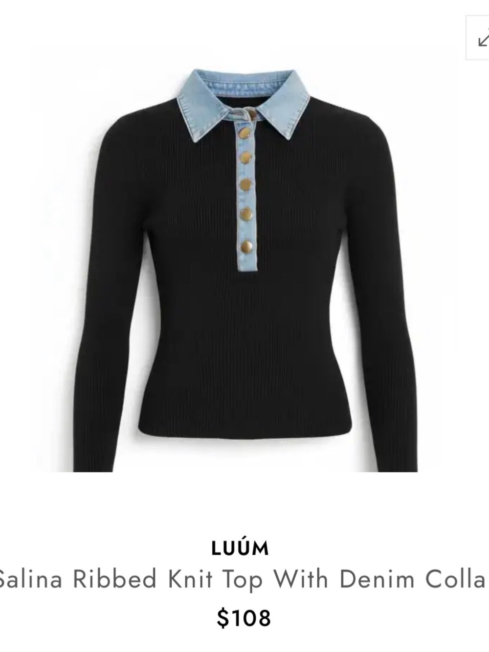 Black Ribbed Knit Button-Front Top with Denim Collar